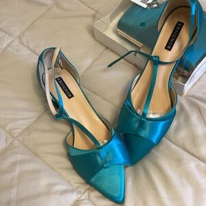 Teal Satin Pointed-Toe T-Strap Flats
